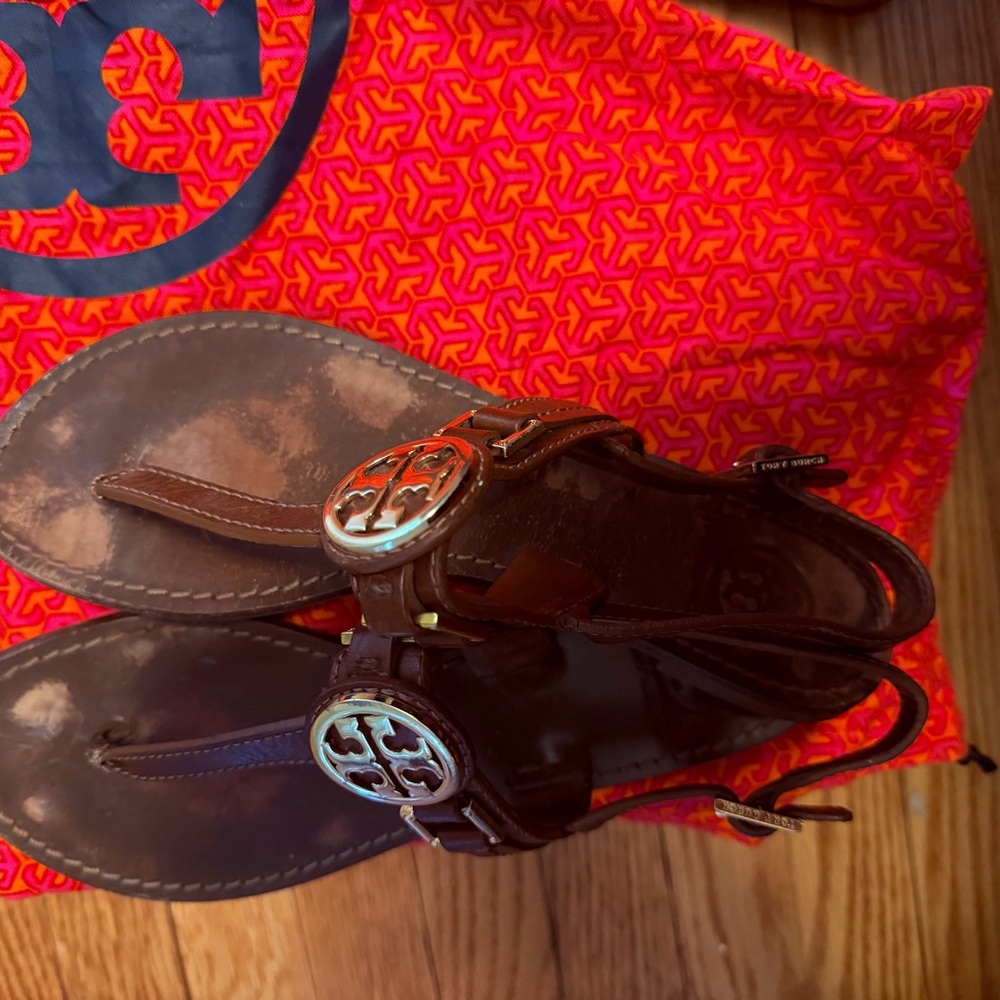 Tory Burch Brown Leather Miller Thong Sandals with Silver Logo Medallion